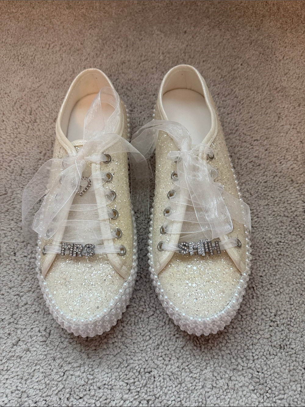 Ivory Glitter Pearl-Trim Women's Bridal Sneakers